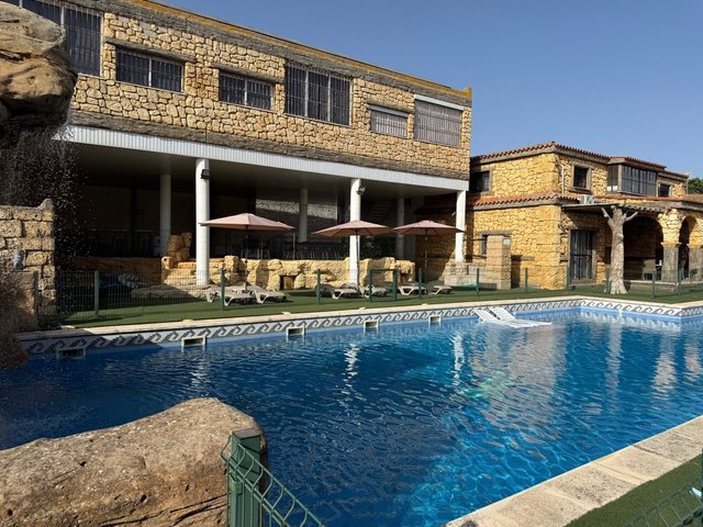 Vista real de la piscina y la fachada de piedra de Villa Olivia